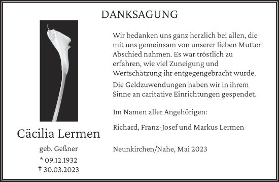 Todesanzeige von Cäcilia Lermen von saarbruecker_zeitung