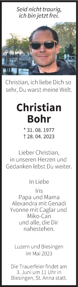 Todesanzeige von Christian Bohr von saarbruecker_zeitung