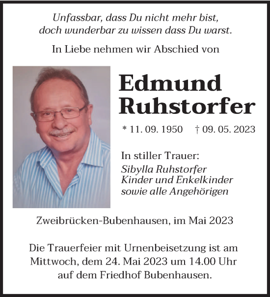 Todesanzeige von Edmund Ruhstorfer von saarbruecker_zeitung