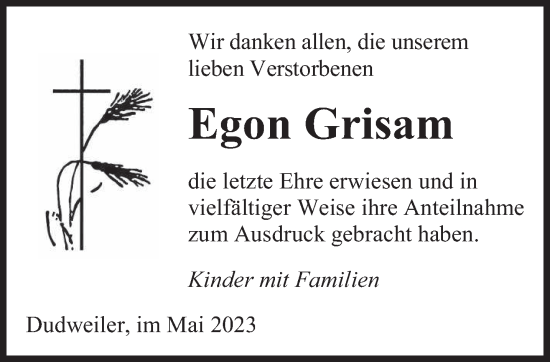 Todesanzeige von Egon Grisam von saarbruecker_zeitung