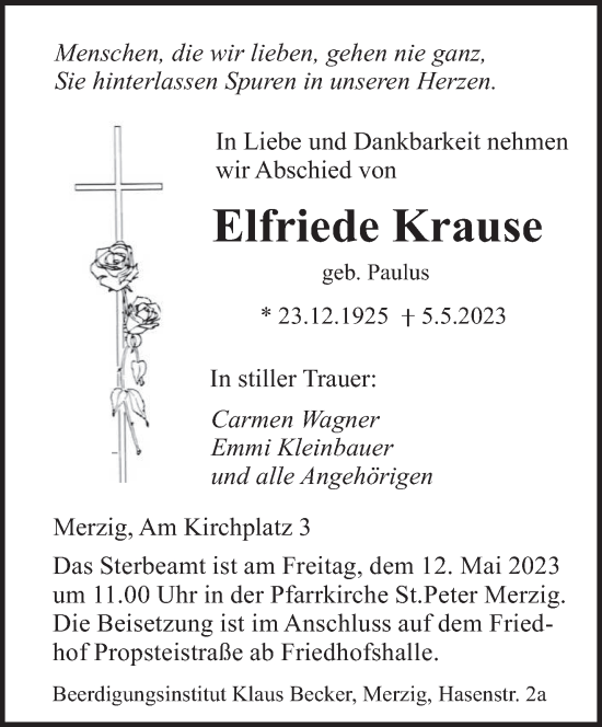 Todesanzeige von Elfriede Krause von saarbruecker_zeitung