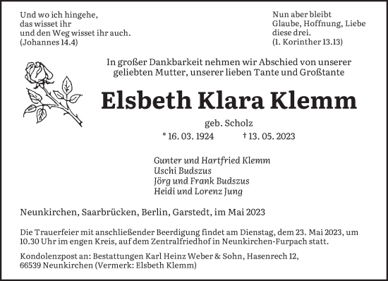 Todesanzeige von Elsbeth Klara Klemm von saarbruecker_zeitung