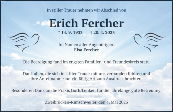 Todesanzeige von Erich Fercher von saarbruecker_zeitung
