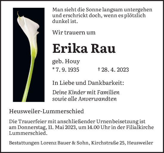 Todesanzeige von Erika Rau von saarbruecker_zeitung