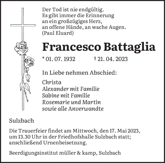 Todesanzeige von Francesco Battaglia von saarbruecker_zeitung