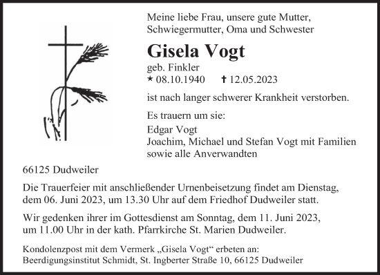 Todesanzeige von Gisela Vogt von saarbruecker_zeitung