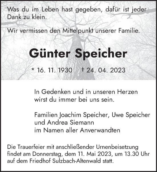 Todesanzeige von Günter Speicher von saarbruecker_zeitung