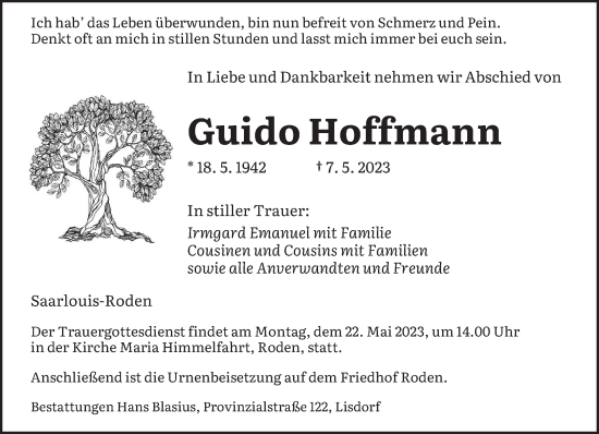 Todesanzeige von Guido Hoffmann von saarbruecker_zeitung