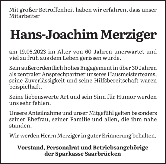 Todesanzeige von Hans-Joachim Merziger von saarbruecker_zeitung