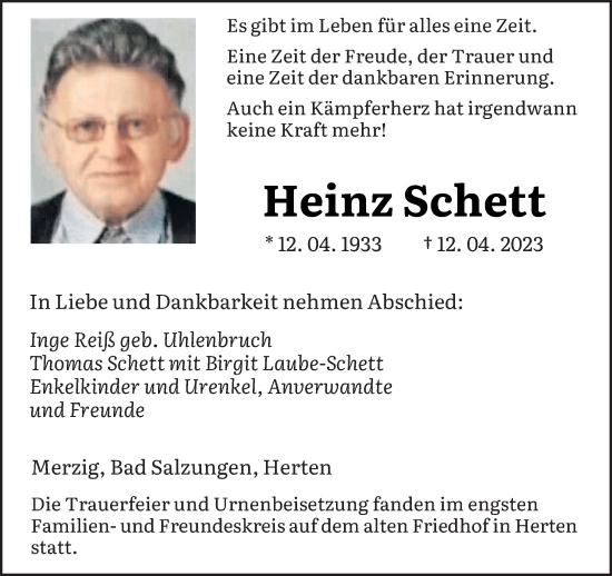 Todesanzeige von Heinz Schett von saarbruecker_zeitung