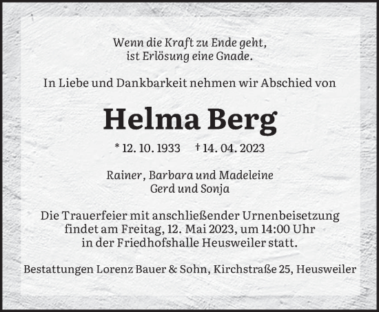 Todesanzeige von Helma Berg von saarbruecker_zeitung