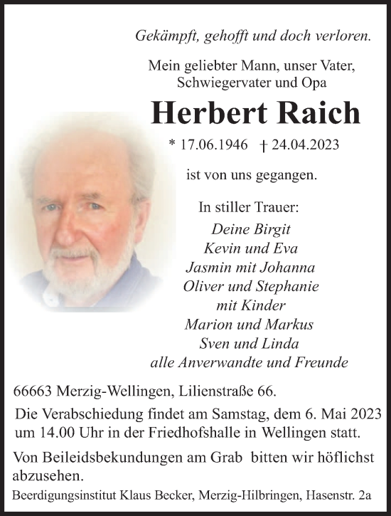 Todesanzeige von Herbert Raich von saarbruecker_zeitung