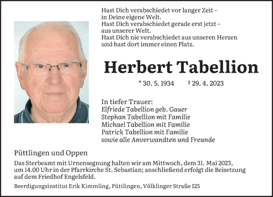 Todesanzeige von Herbert Tabellion von saarbruecker_zeitung