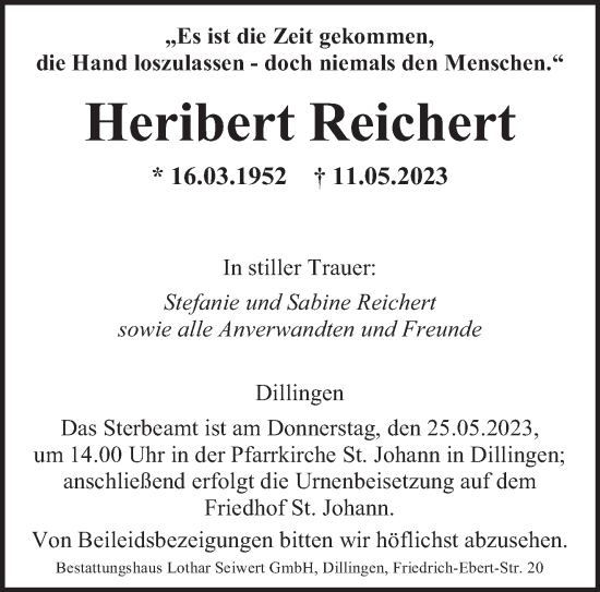 Todesanzeige von Heribert Reichert von saarbruecker_zeitung
