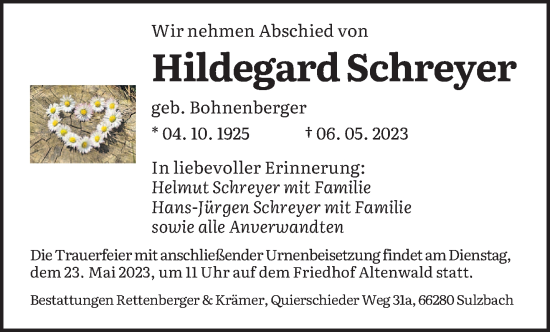 Todesanzeige von Hildegard Schreyer von saarbruecker_zeitung