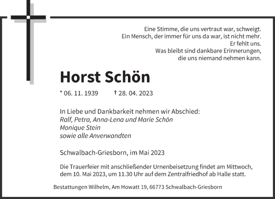 Todesanzeige von Horst Schön von saarbruecker_zeitung