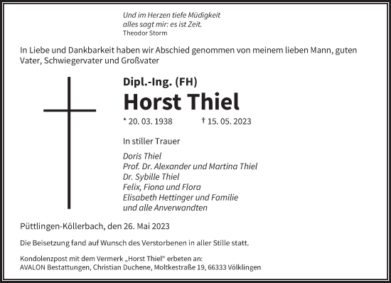 Todesanzeige von Horst Thiel von saarbruecker_zeitung