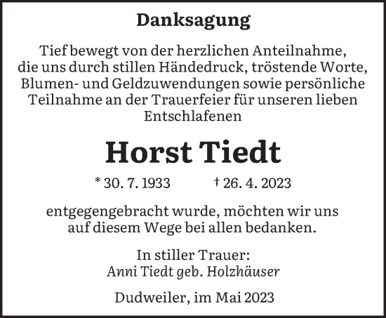 Todesanzeige von Horst Tiedt von saarbruecker_zeitung