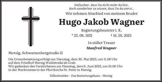 Todesanzeige von Hugo Jakob Wagner von saarbruecker_zeitung