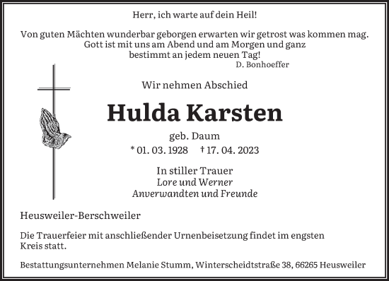 Todesanzeige von Hulda Karsten von saarbruecker_zeitung
