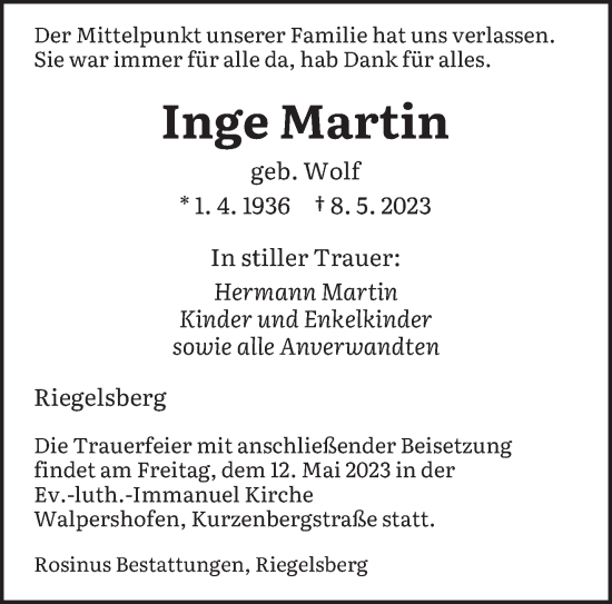 Todesanzeige von Inge Martin von saarbruecker_zeitung