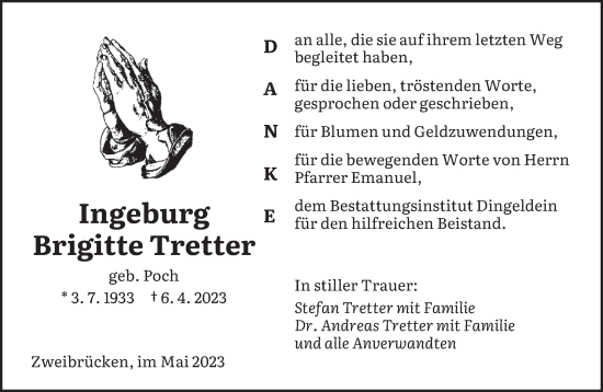 Todesanzeige von Ingeburg Tretter von saarbruecker_zeitung