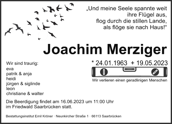 Todesanzeige von Joachim Merziger von saarbruecker_zeitung