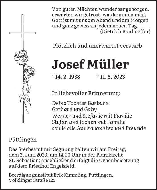 Todesanzeige von Josef Müller von saarbruecker_zeitung