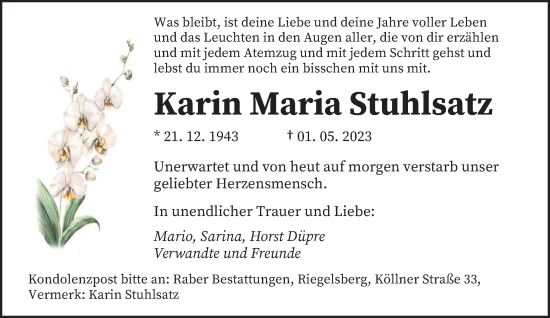 Todesanzeige von Karin Maria Stuhlsatz von saarbruecker_zeitung