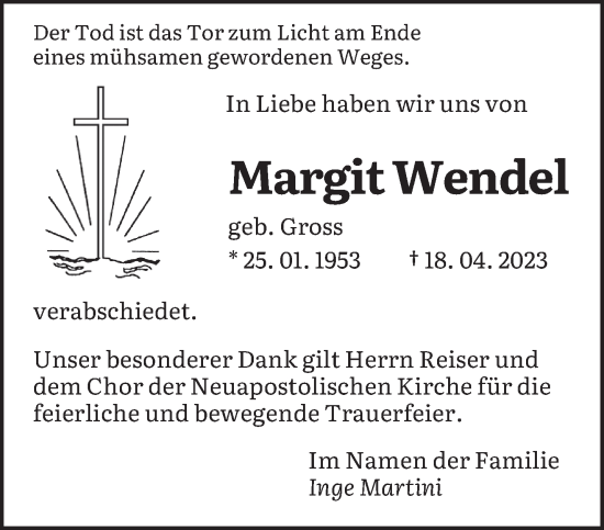Todesanzeige von Margit Wendel von saarbruecker_zeitung