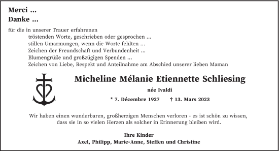 Todesanzeige von Micheline Melanie Etiennette Schliesing von saarbruecker_zeitung