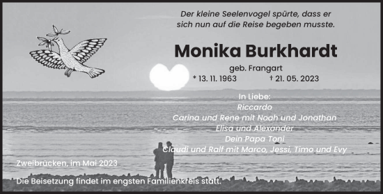 Todesanzeige von Monika Burkhardt von saarbruecker_zeitung