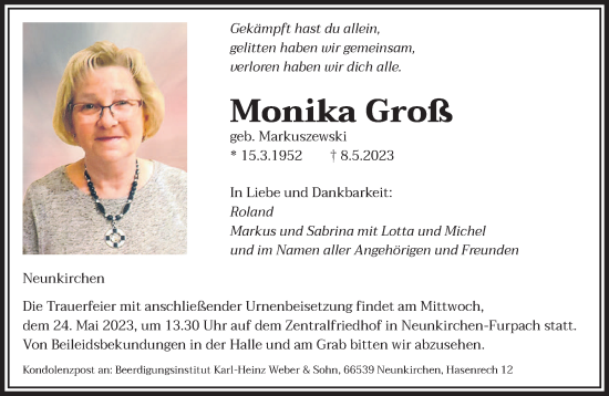 Todesanzeige von Monika Groß von saarbruecker_zeitung