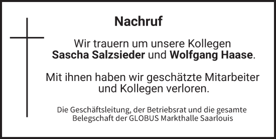 Todesanzeige von Nachruf GLOBUS Markthalle Saarlouis von saarbruecker_zeitung