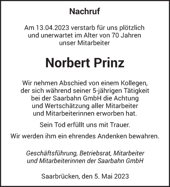 Todesanzeige von Norbert Prinz von saarbruecker_zeitung