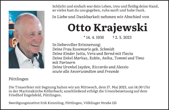 Todesanzeige von Otto Krajewski von saarbruecker_zeitung