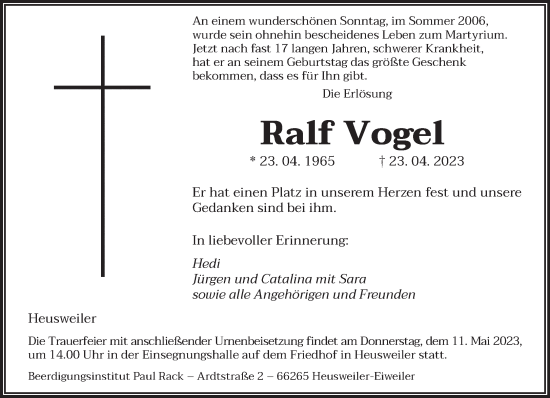 Todesanzeige von Ralf Vogel von saarbruecker_zeitung