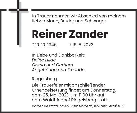 Todesanzeige von Reiner Zander von saarbruecker_zeitung