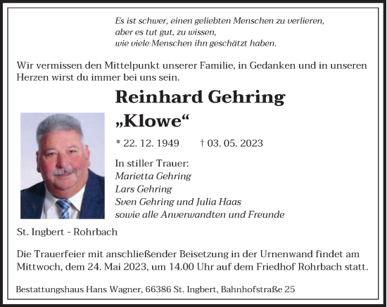 Todesanzeige von Reinhard Gehring von saarbruecker_zeitung