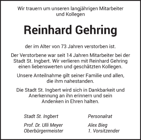 Todesanzeige von Reinhard Gehring von saarbruecker_zeitung