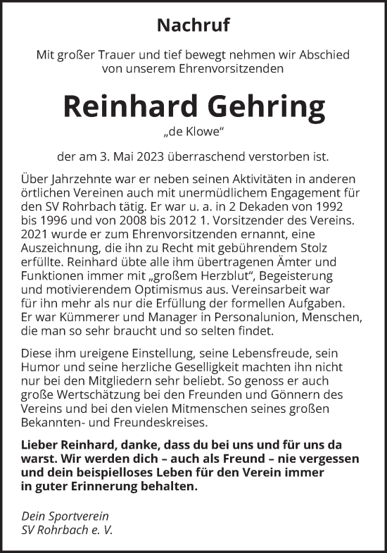 Todesanzeige von Reinhard Gehring von saarbruecker_zeitung