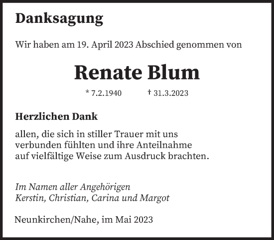 Todesanzeige von Renate Blum von saarbruecker_zeitung