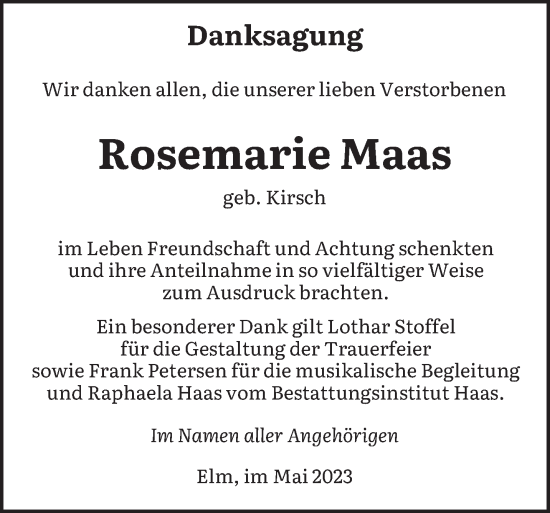 Todesanzeige von Rosemarie Maas von saarbruecker_zeitung