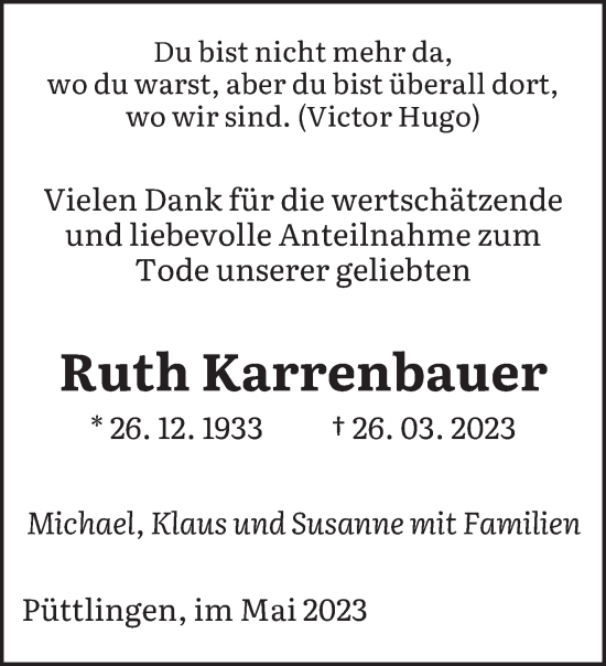 Todesanzeige von Ruth Karrenbauer von saarbruecker_zeitung