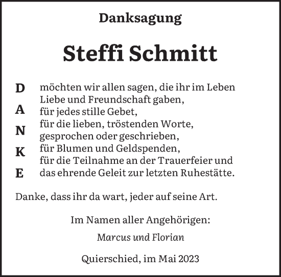 Todesanzeige von Steffi Schmitt von saarbruecker_zeitung