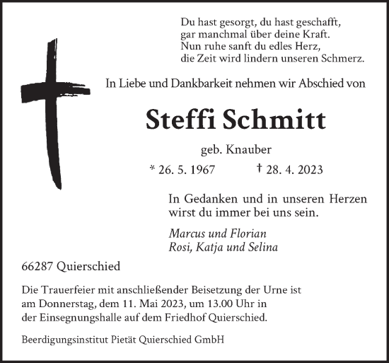 Todesanzeige von Steffi Schmitt von saarbruecker_zeitung