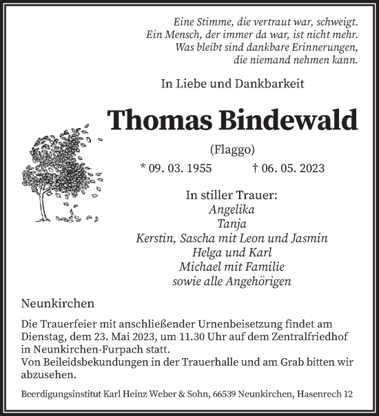 Todesanzeige von Thomas Bindewald von saarbruecker_zeitung