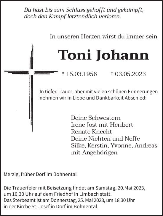 Todesanzeige von Toni Johann von saarbruecker_zeitung