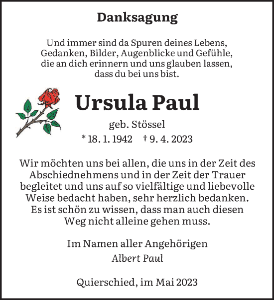Todesanzeige von Ursula Paul von saarbruecker_zeitung