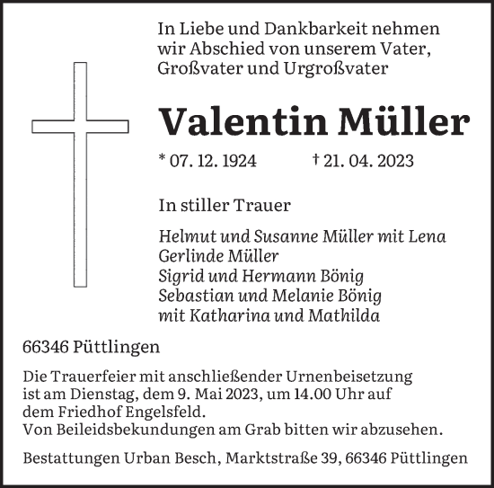 Todesanzeige von Valentin Müller von saarbruecker_zeitung